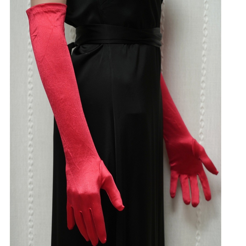 Red Satin Opera Gloves Over‎ the Elbow Long Formal Evening Stretch Bridal Prom - Picture 3 of 4